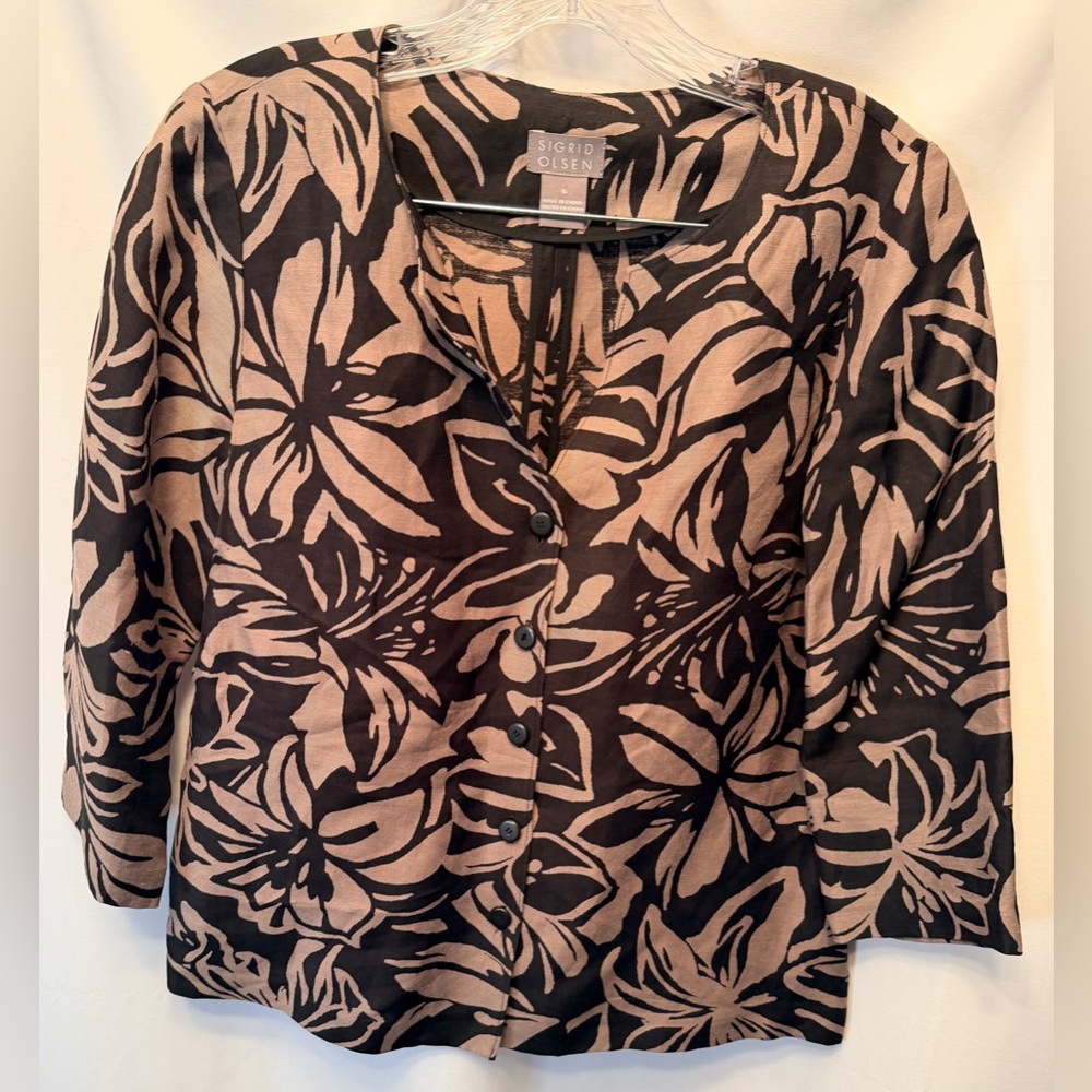 Sigrid Olsen Size Small Linen‎ Blend Button Front Blouse Blazer Tan Black Floral